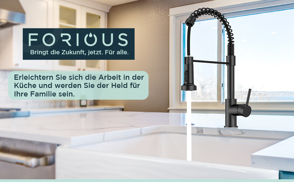 Кран кухонний FORIOUS з високим виливом, душовий набір, змішувач для мийки, кухонні крани, поворотний на 360°, 2 режими розпилення, нержавіюча сталь, матовий чорний
