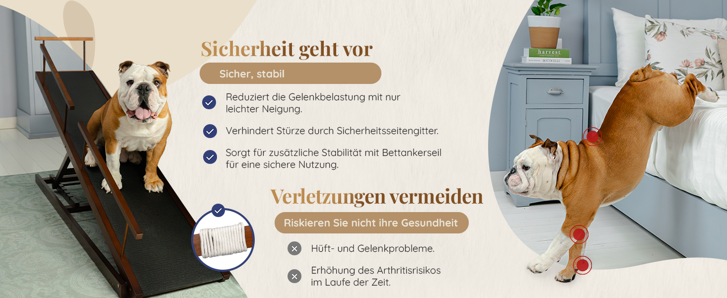 Сходинки для собак PRIORPET з натурального березового дерева з поручнями - регульована висота до 94.5 см - складаються - антиковзні ручки - для собак до 23 кг - колір Walnut