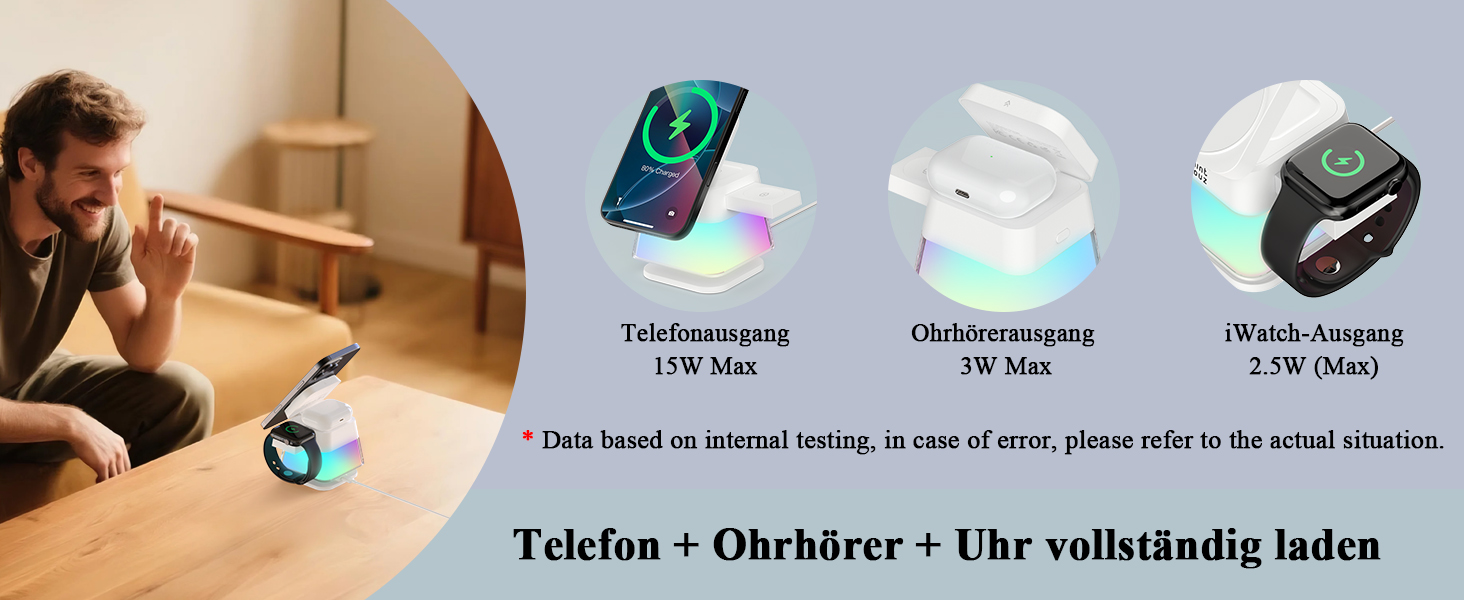 Бездротова зарядна станція 3-в-1 Minthouz Leap Cube 15, швидка зарядка 15W Qi, підставка з багатокольоровою підсвіткою для iPhone 16, 15, 14, 13