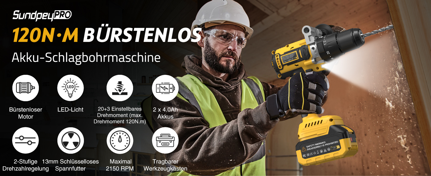 Акумуляторний дриль-шурупокрут SundpeyPRO 21V з ударною функцією, 120 Nm, 2 x 4000mAh, 20+3 ступені крутного моменту, 13 мм патрон, 2 швидкості, LED
