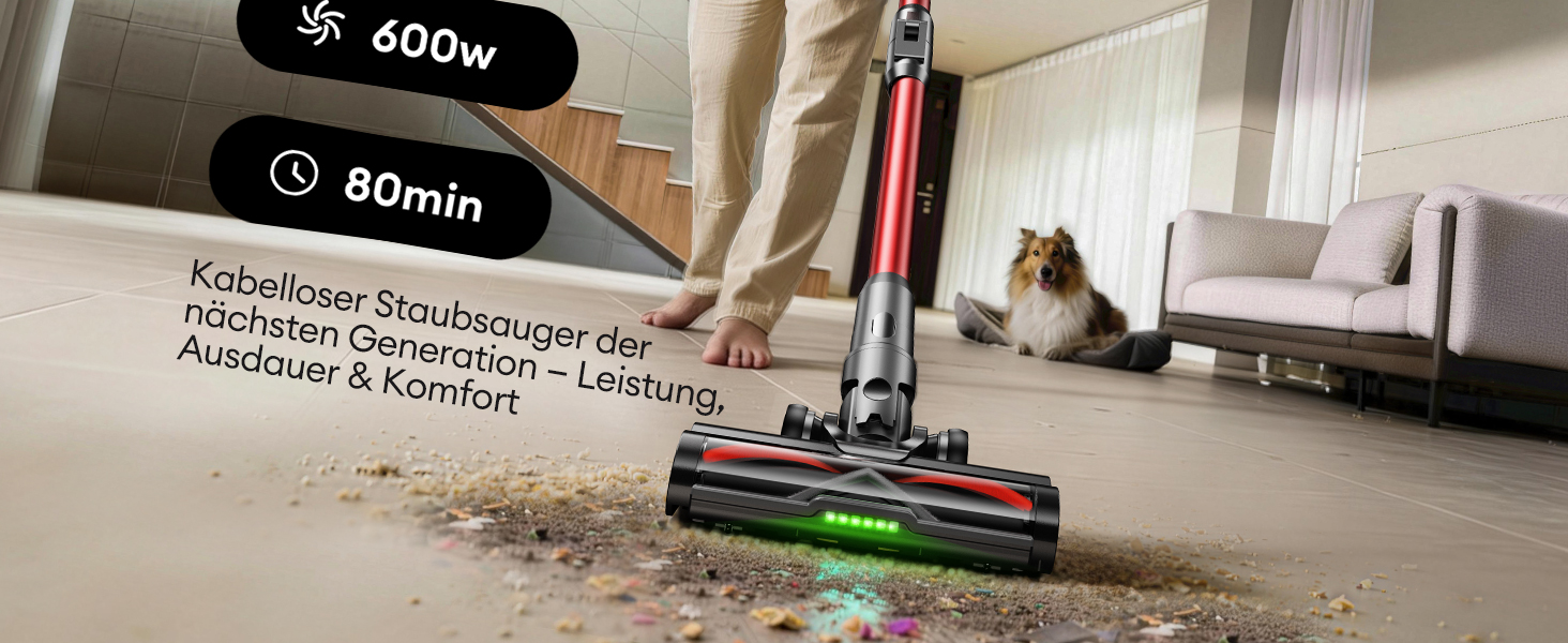 Бездротовий акумуляторний пилосос Ultenic 55000Pa/600W, 80хв, 1.6л, з Multi-Циклон фільтрацією, сенсорним екраном, антизаплутана щітка, док-станція, для шерсті тварин/килимів/твердих підлог, червоний