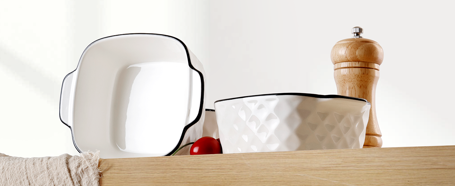 Набір форм для запікання NUTRIUPS 400 мл (4 шт.) з кераміки, 14.5 x 11.5 x 5.5 см, квадратні, з ручками, для духовки та мікрохвильової печі (з візерунком ромбіків)