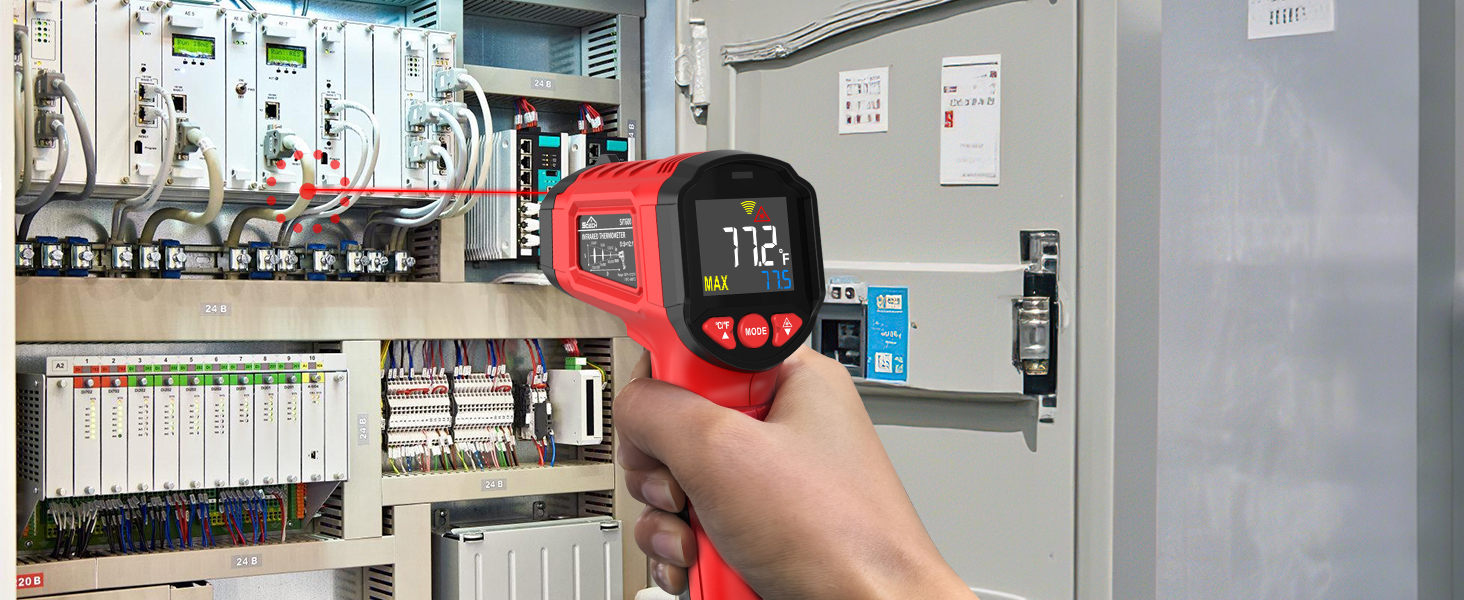 Інфрачервоний термометр SQECH з лазером, -50℃~600℃, регульований емісійний коефіцієнт, кольорова підсвітка, для кухні, піца-печі, холодильника, промисловості (червоний)