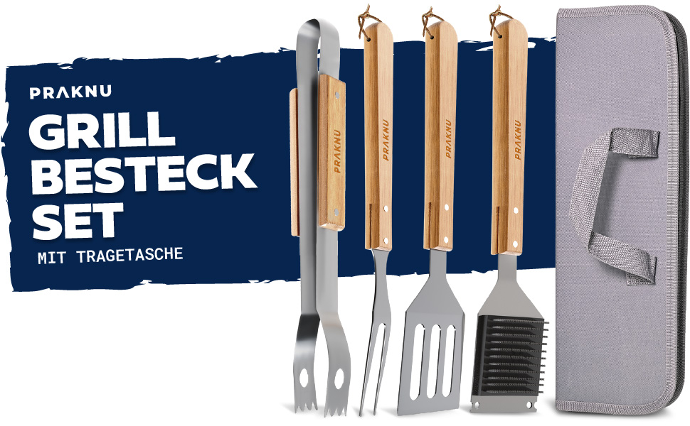 Набір гриль-посуду Praknu з дерев'яними ручками та сумкою - стійкий до високих температур, нержавіючий та міцний. Включає щітку, щипці, лопатку та виделку для м'яса. Ідеальний подарунок для чоловіків.