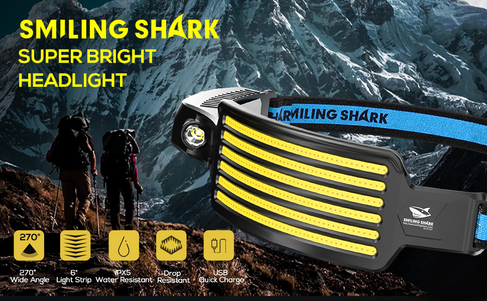 Налобний ліхтар Smiling Shark 2 шт. з широким кутом, 6 LED, яскраве біле світло, водонепроникний, акумуляторний, для кемпінгу, бігу, риболовлі
