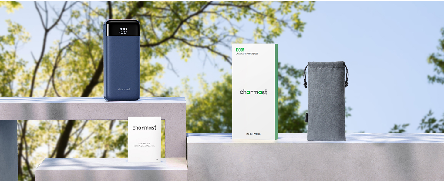 Power Bank Charmast 10000mAh з 6 виходами, USB-C, LED-дисплеєм, 4 кабелями, блакитний