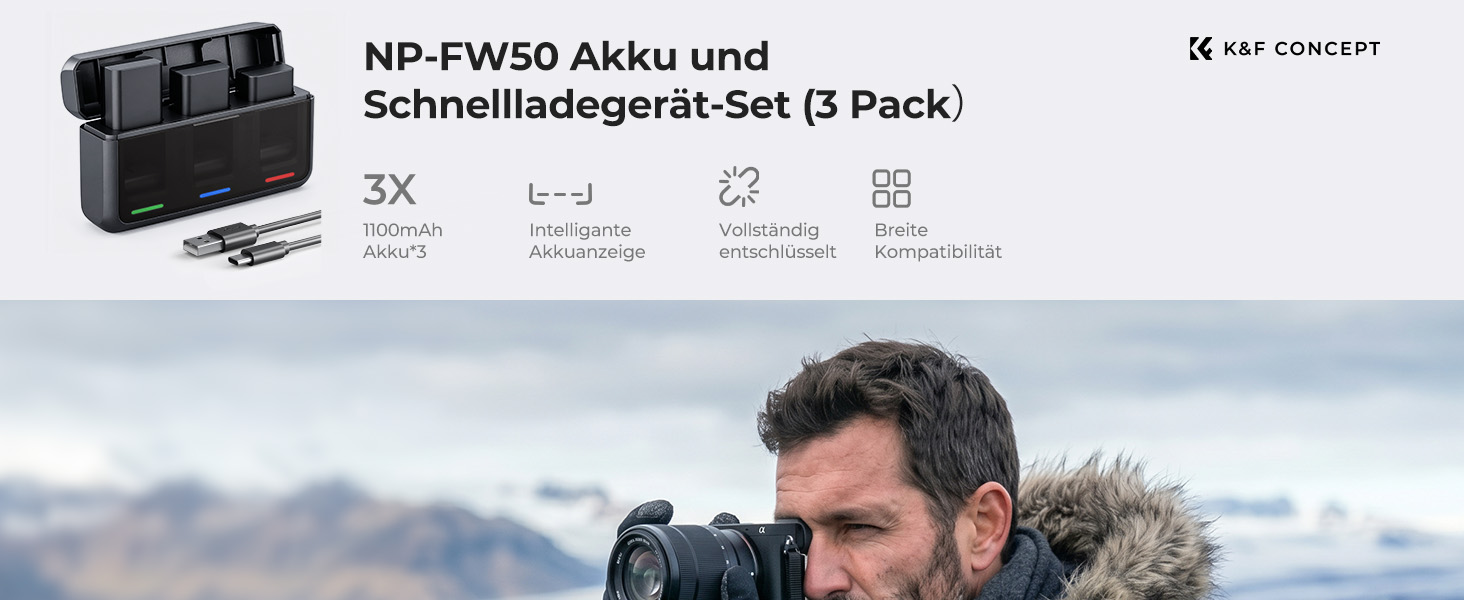 Набір акумуляторів K&F CONCEPT NP-FW50 (3 шт.) з 20W LED PD швидким зарядним пристроєм для Sony Alpha A6000, A6100, A6300, A6400, A6500, A7, A7 II, A7R, A7S, RX10