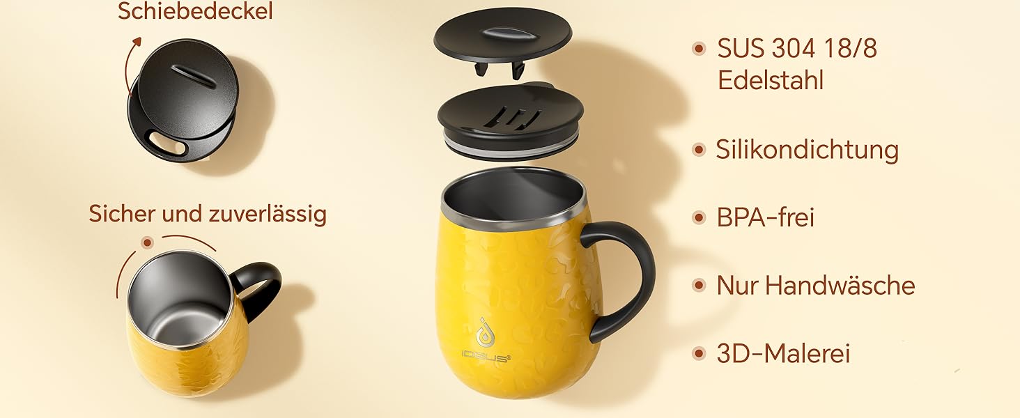 Кружка для кави та чаю Ideus 470 мл з подвійними стінками, з нержавіючої сталі, з нековзким ручним тримачем та кришкою-ковзаючою панеллю, великий об'єм (Трав'яний зелений) (Леопардовий жовтий)