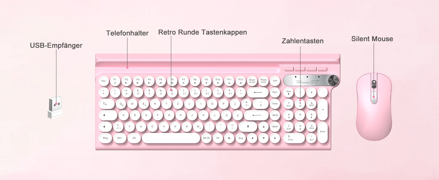 Ігрова клавіатура та миша RaceGT з RGB підсвічуванням, 104 клавіші, вологостійка, 7 кнопок миші 6400 DPI, QWERTZ (DE-Layout), рожевий колір