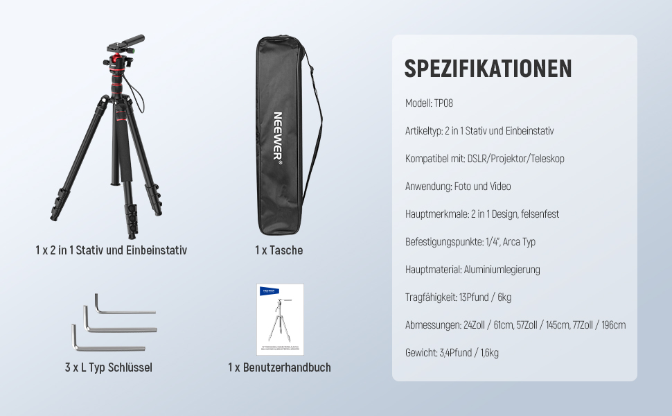 Штатив-монопод NEEWER BASICS TP08 для DSLR та відеокамер, компактний легкий штатив для подорожей з 360° кульковою головкою, Arca-типом швидкої зміни та реверсивною центральною колоною, навантаження до 6 кг
