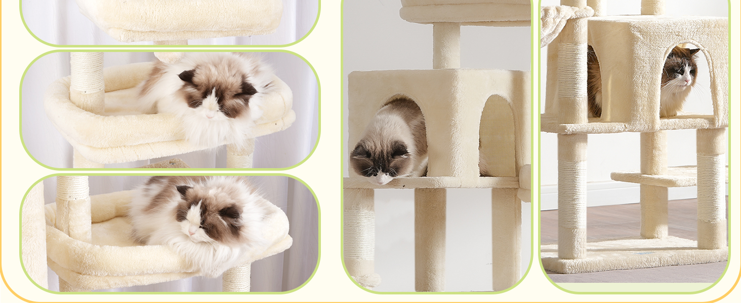 Котячий будиночок Hey-brother XXL для великих котів, 180 см, стабільний, з розширенням праворуч, 3 платформи, 3 печери, 2 будиночки (Бежевий)