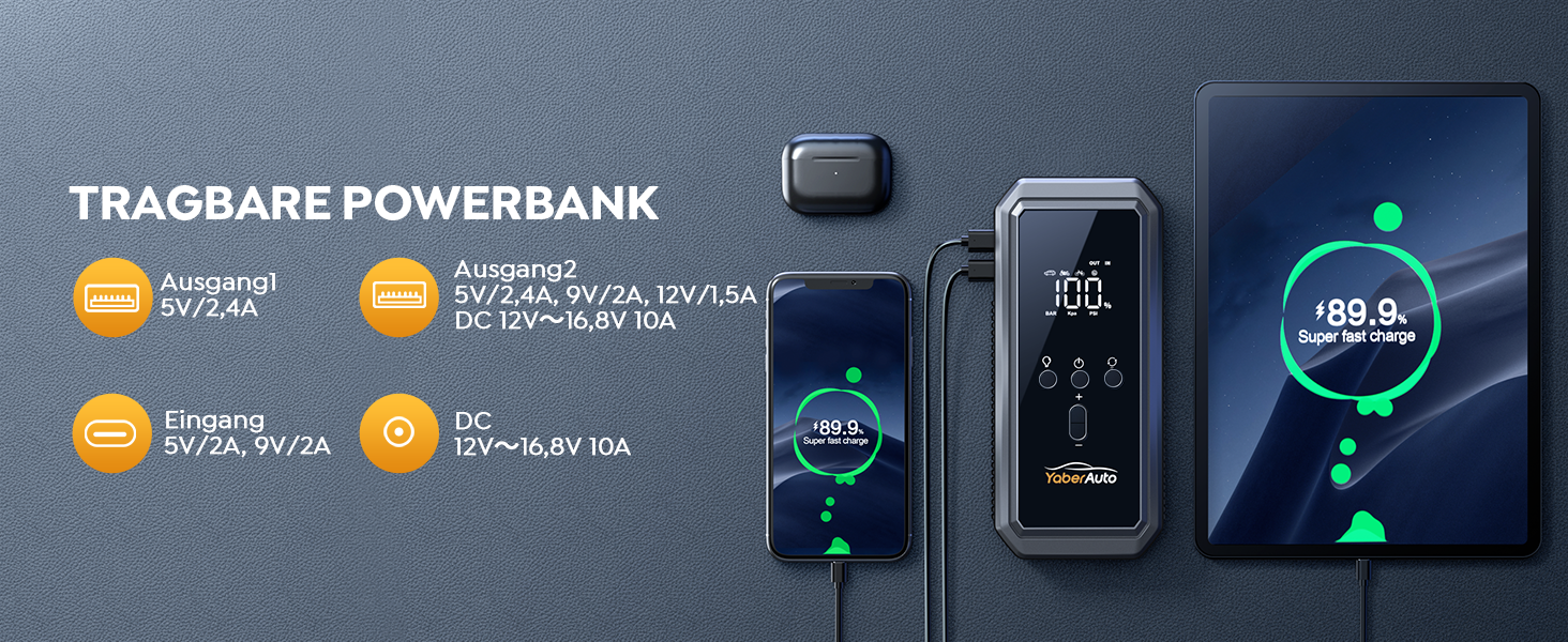 Портативний пусковий пристрій YaberAuto YA70 з компресором 150 PSI, акумулятором 21800 mAh та світлодіодним ліхтарем 300 люменів. 4-в-1: пусковий пристрій, павербанк, компресор та ліхтар з LCD екраном.