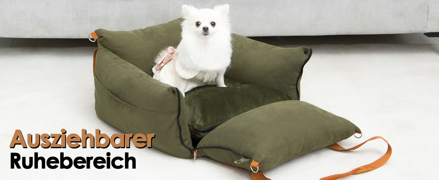 Small & Medium Dog Car Seat - Portable Pet Carrier with Extendable Bed, Washable Travel Dog Bed with Storage Pockets & Safety Belt - Green