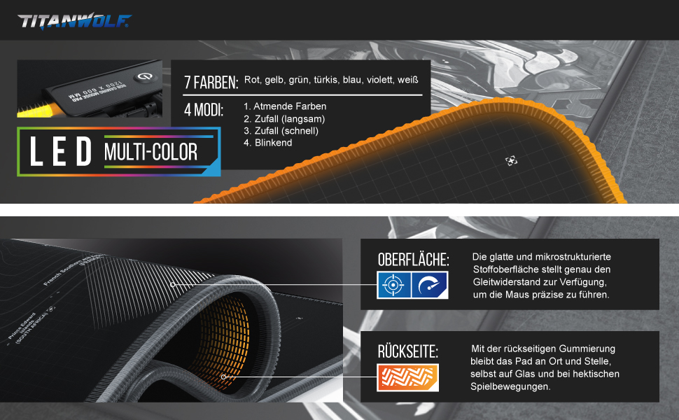Ігровий килимок для миші TITANWOLF RGB XXL (800x300 мм) з LED-підсвіткою, 11 режимів освітлення, вологостійкий, чорний (дизайн World Map)