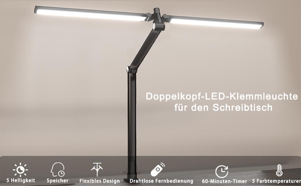 LED лампа для столу Hapfish з кріпленням, 24W, двокамерна, для монітора, широке та яскраве освітлення, 5 режимів кольору та 5 рівнів регулювання яскравості, денне світло, дитяча, з багатоосьовим кріпленням