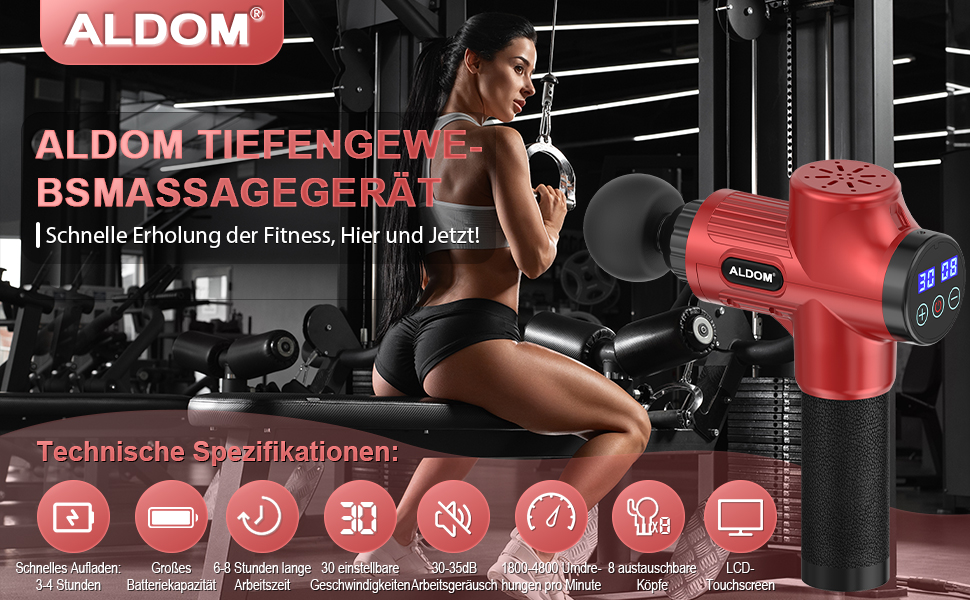 ALDOM Massage Gun - Electric Muscle Massager with 30 Speed Settings & 8 Attachments - Red