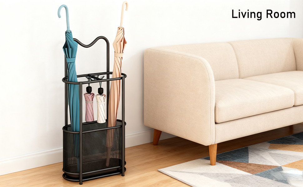 Металева підставка для парасоль та тростини SINBINTA, з гачками та піддоном, для прихожого/входу, чорна