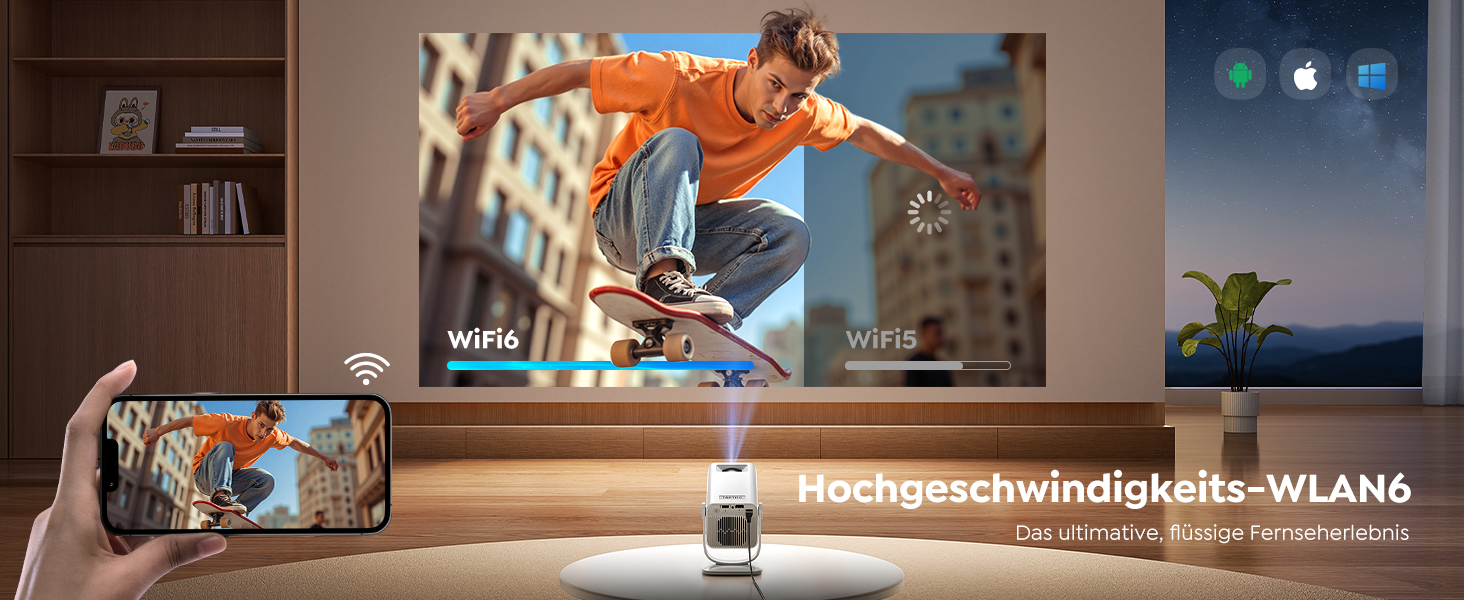 Портативний проєктор Mini Beamer 4K з підтримкою Android 13, WiFi 6, Bluetooth 5.4 та обертанням 270°. Підтримка HDMI, USB, iOS, PC. Ідеальний для домашнього кінотеатру та використання на відкритому повітрі з автокорекцією трапеції.