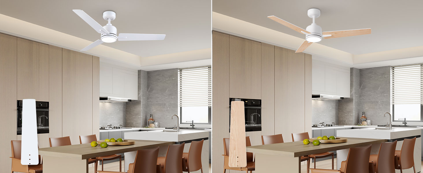 Стеля вентилятор Newday 122см з підсвічуванням та пультом керування, тихий, DC мотор, реверс для спальні/вітальні (білий, дерево)