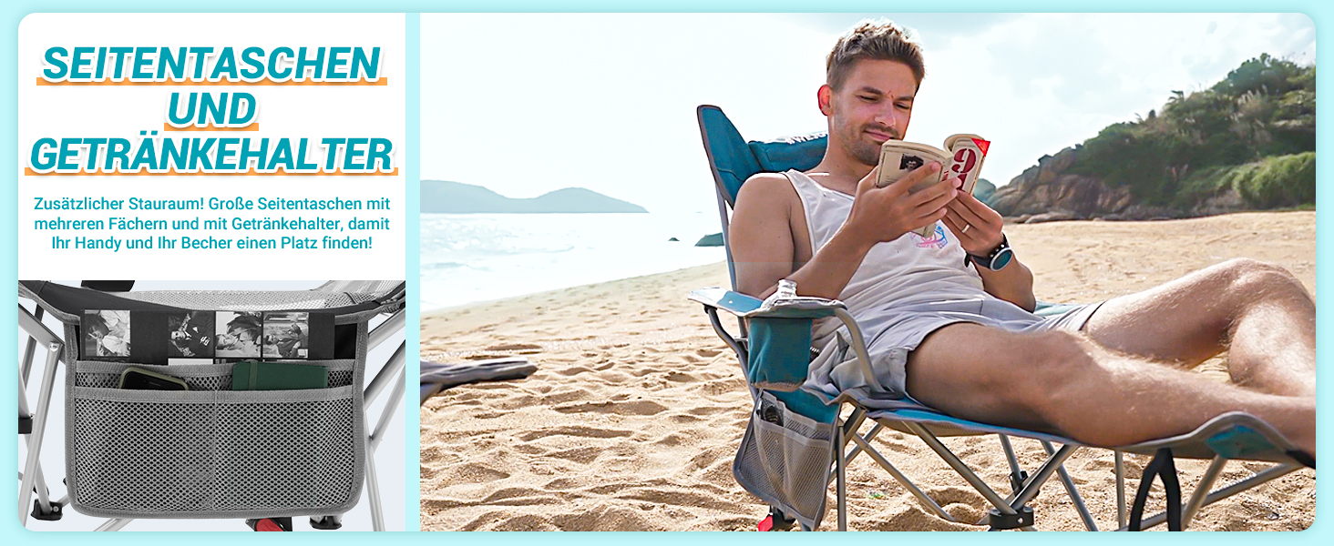 Кемпінговий стілець-шезлонг WEJOY 2-в-1: складаний стілець для пляжу та відпочинку з регульованою спинкою, підставкою для ніг, тримачем для напоїв, сірий/блакитний