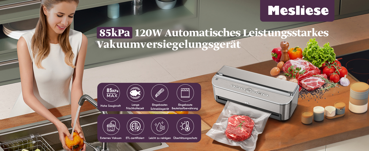 Вакуумний пакувальник Mesliese 120W з вбудованим ножем | Збереження продуктів від вологи | Срібний колір