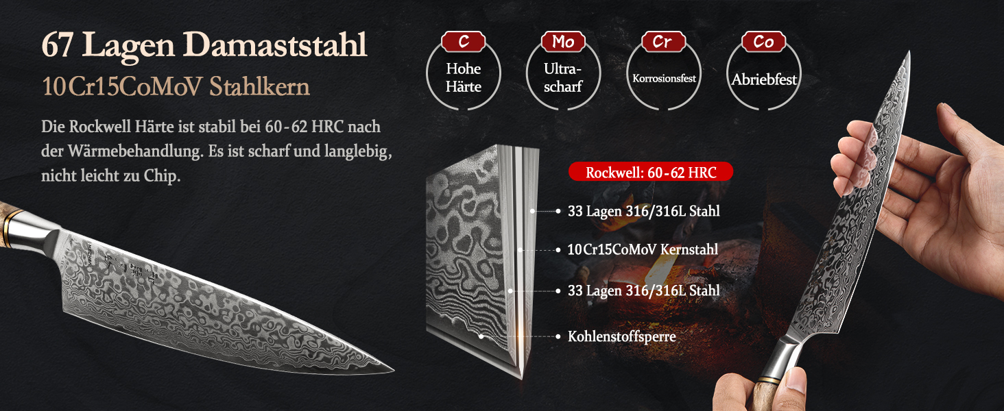 HEZHEN Професійний ніж кухарський 21 см Дамаск, VG10, серія Gyuto Master, кухонний ніж з ручкою з берези для дому та ресторану