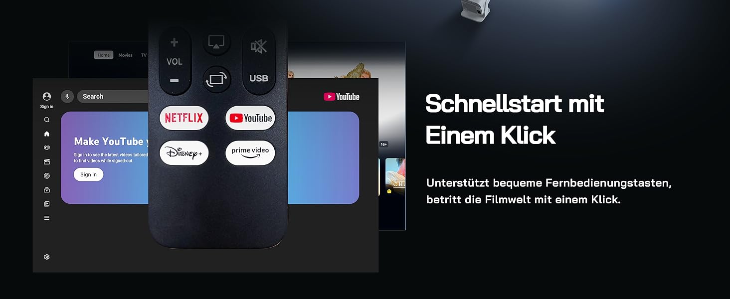 WOLFANG Міні проєктор 4K з Netflix, 26000 люмен, WiFi 6, Smart, 50% Zoom, корекція трапеції, 180° поворот, сумісний з TV Stick/iOS/Android/PC/PS5/HDMI/AV