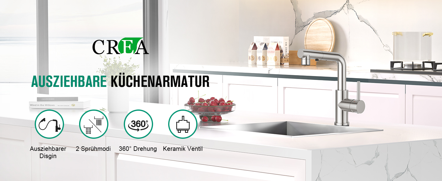 Кран кухонний CREA з 3 функціями, висувна лійка, поворот на 360°, матовий (з нержавіючої сталі)