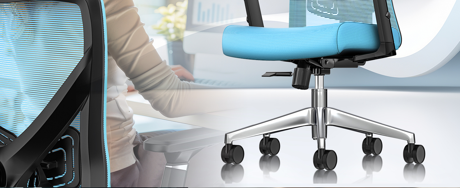 Крісло офісне KESSER® ергономічне з регульованими підлокітниками, поворотне з підтримкою попереку, з підголівником, функція гойдання до 125° та 5 роликів, блакитне/сріблясте