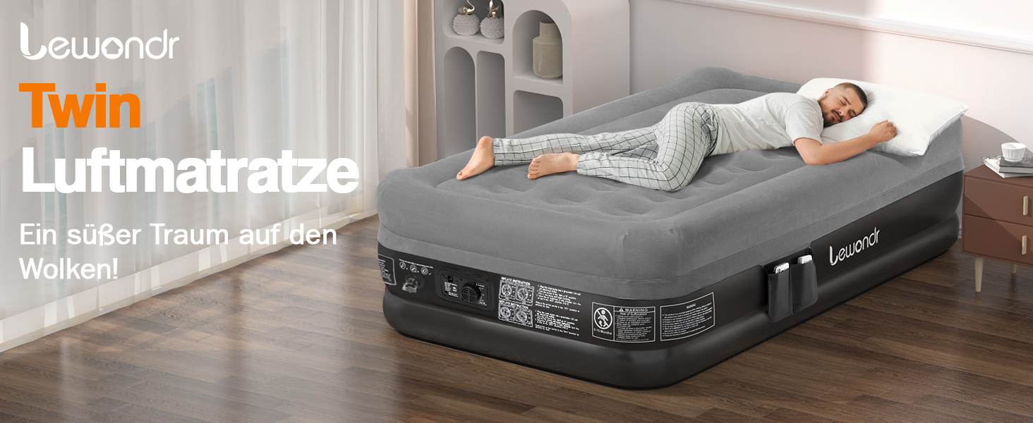 Надувне ліжко Lewondr для 2 осіб з вбудованим насосом, комфортна надувна матрац, самонадувна, для кемпінгу, дому, гостей, подорожей (300 кг MAX), (191x99x46 см, сірий)