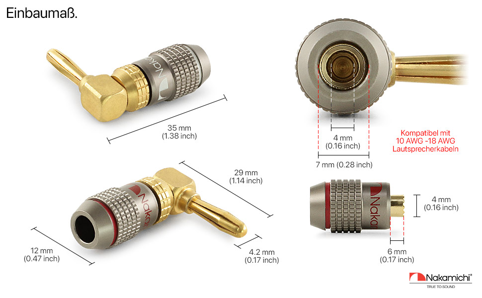 Бананові конектори Nakamichi FanLock Excel-Serie, позолочені правокутні роз'єми для акустичних кабелів Hi-Fi та домашнього кінотеатру, 10-18 AWG, 4 мм, 4 шт (2 пари)