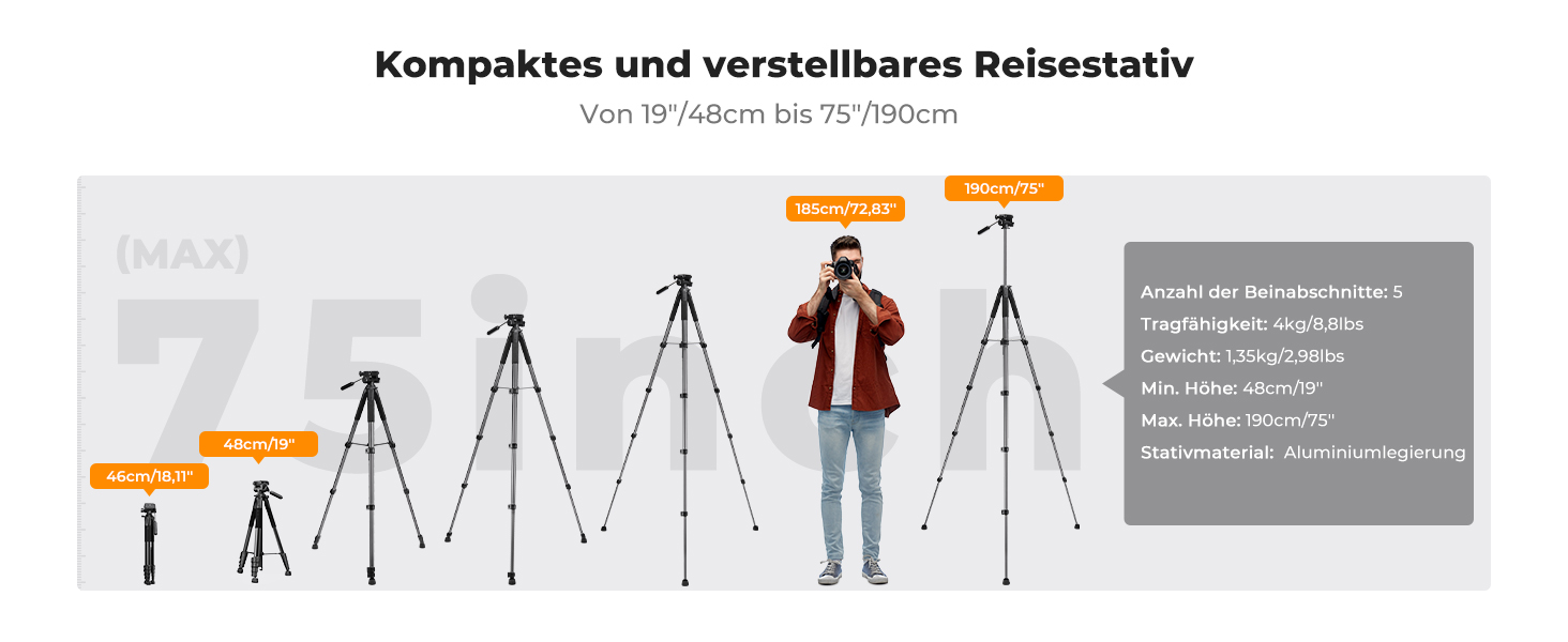 Штатив K&F Concept S255A3+BV01: Легкий штатив з сумкою, 190 см, для камери/DSLR, смартфона, Canon, Nikon, Sony