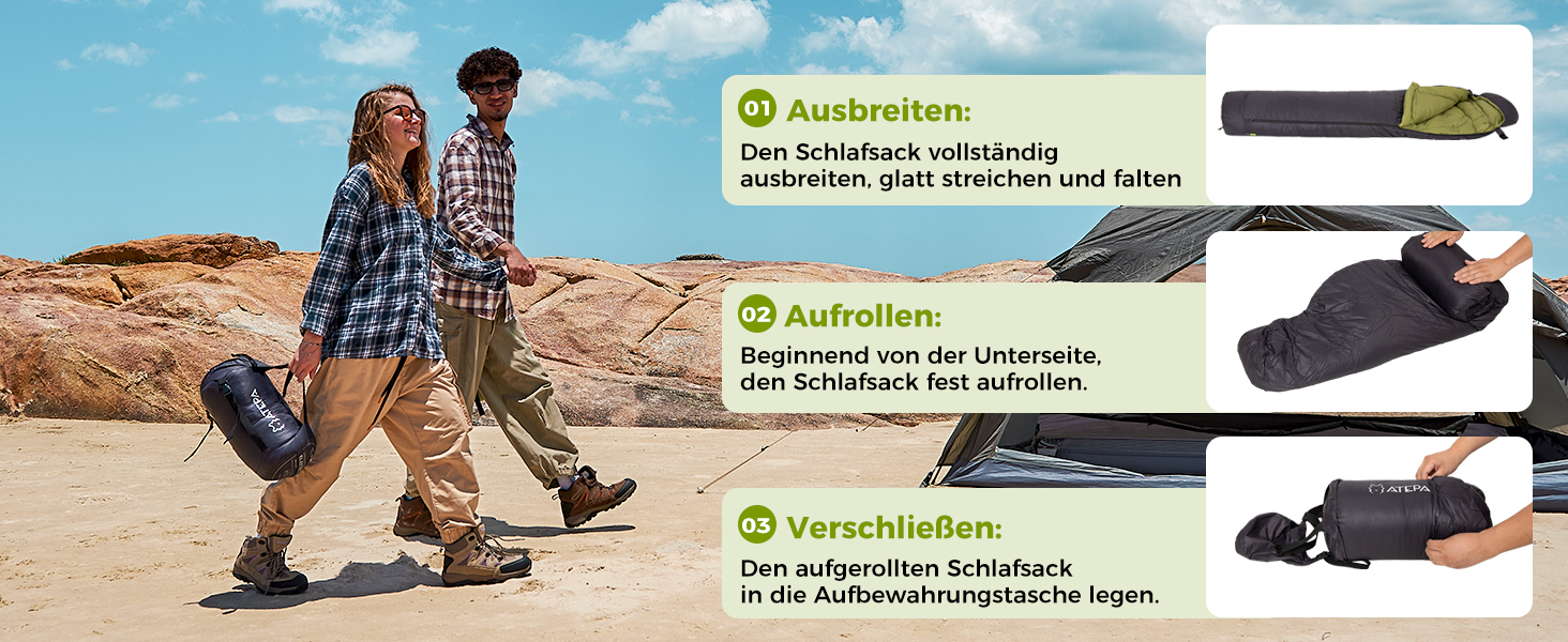 Спальний мішок ATEPA 0°C, чорний, для дорослих, 4-сезонний, водовідштовхувальний, комфортна температура 6°C, межа 1°C, для кемпінгу та подорожей