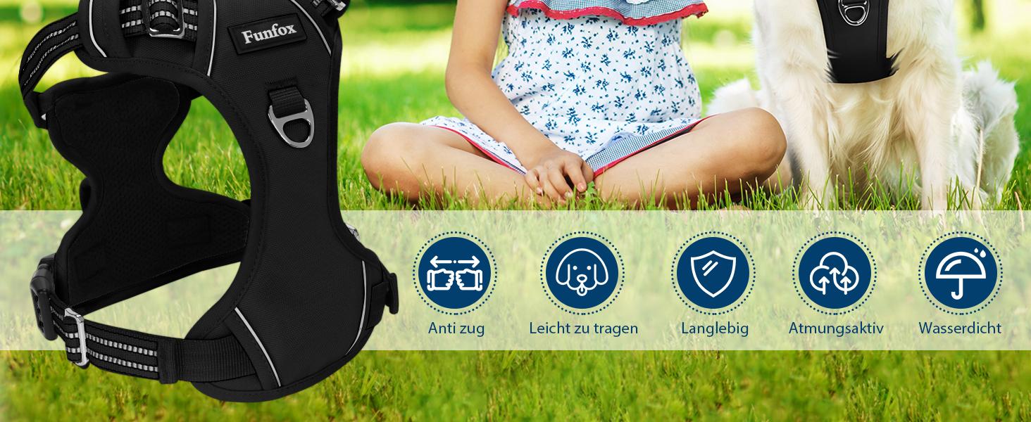 Шлейка для собак середніх розмірів Funfox, анти-тяга, з ручкою та світловідбиваючими смугами, не тягне, чорна, розмір L