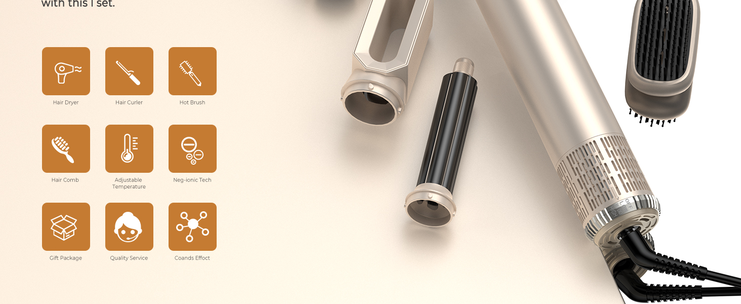 UKLISS Hairstyler 6 в 1 Airbrush: професійний набір для укладки волосся | 1000W | Air Curler, фен-щітка, стайлер для локонів, об'єму та випрямлення | Золотий