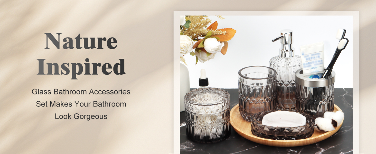 Набір аксесуарів для ванної кімнати Hebaogugu 5 шт., сірий колір, з дозатором мила, мильницею, стаканчиком для зубних щіток, тримачем для зубних щіток та контейнером для ватних паличок.