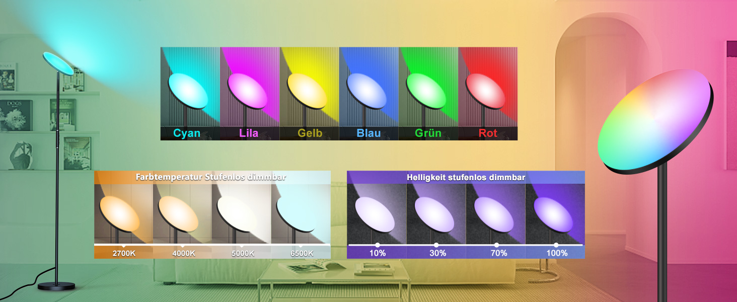 LED торшер, 42W, 16 мільйонів кольорів RGBCW, WiFi, керування через Alexa/Google Home, синхронізація з музикою, регульована яскравість, двосторонній, для вітальні та спальні (RGB-36W)