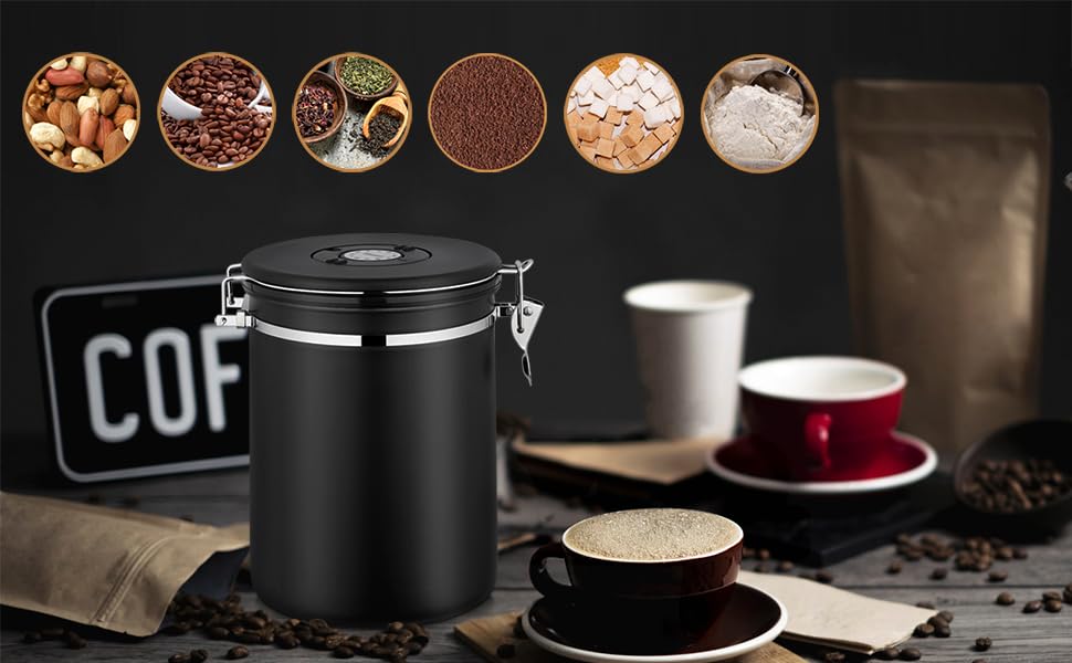 Герметичний контейнер для кави з нержавіючої сталі, 2.8 л, з CO2-клапаном, мірною ложкою та індикатором дати (для кави, горіхів, чаю, какао)