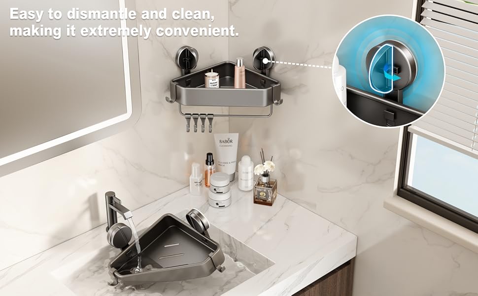 Поличка для душу без свердління, кутова поличка для ванної кімнати з присосками, корзина для душу з тримачем для рушників та знімними гачками (2 шт., сіра)