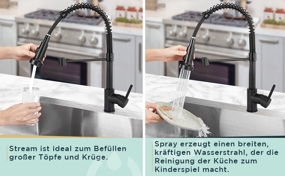 Кран кухонний FORIOUS з високим виливом, душовий набір, змішувач для мийки, кухонні крани, поворотний на 360°, 2 режими розпилення, нержавіюча сталь, матовий чорний