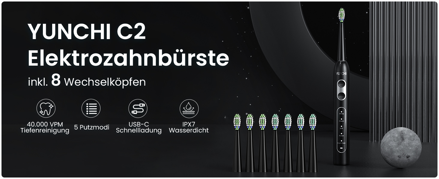 Електрична зубна щітка YUNCHI C2 з 40000 VPM, звукова щітка для дорослих, зарядка USB-C, 55 днів роботи від акумулятора, 5 режимів чищення, таймер 2 хвилини, 8 насадок, дорожній футляр, чорна YUNCHI C2
