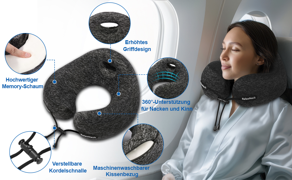 Подушка для шиї у вигляді U, Memory Foam, для подорожей, дорослі, ергономічна, з чохлом, для автомобіля, офісу, поїздки, сірого кольору