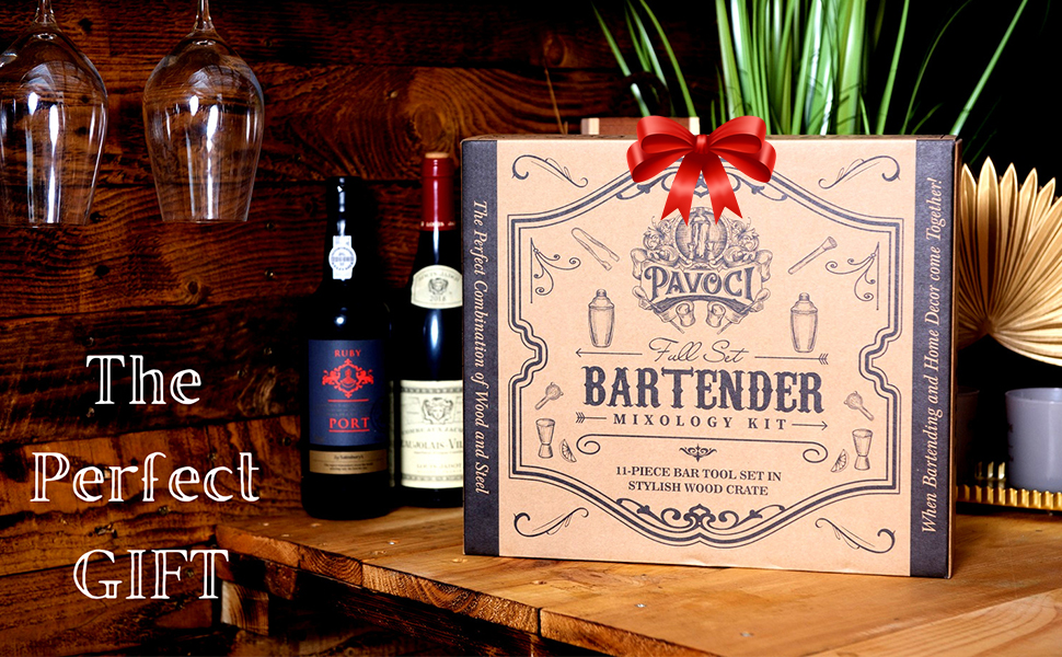 Набір для приготування коктейлів PAVOCI: 11 предметів, шейкер, барменський інструмент з нержавіючої сталі, дерев'яний підставник, аксесуари. Ідеально для дому, бару, професійного використання