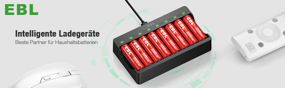 Акумулятори AA EBL 8 шт. 1.5V 3000mWh, перезаряджувані, з зарядним пристроєм M7012, LED дисплеєм, Micro-USB, USB 5V 2A