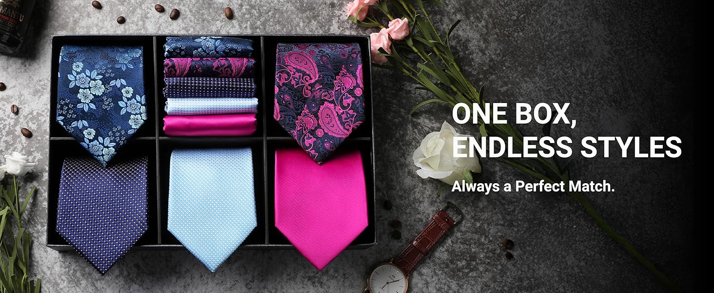HISDERN Набір краваток для чоловіків (5 шт.) з кишеньковим хустинкою. Класичний елегантний аксесуар для весілля. Шовкові краватки та хустинки в подарунковій коробці.