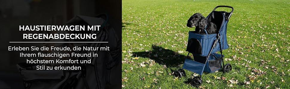 Трансформер для тварин Monster Shop з сумкою, знімний, складний, до 15 кг, колеса, гальма, сітчасте вікно, кошик, тримач для напоїв, кишені та водонепроникний захист від дощу (Морська синя)