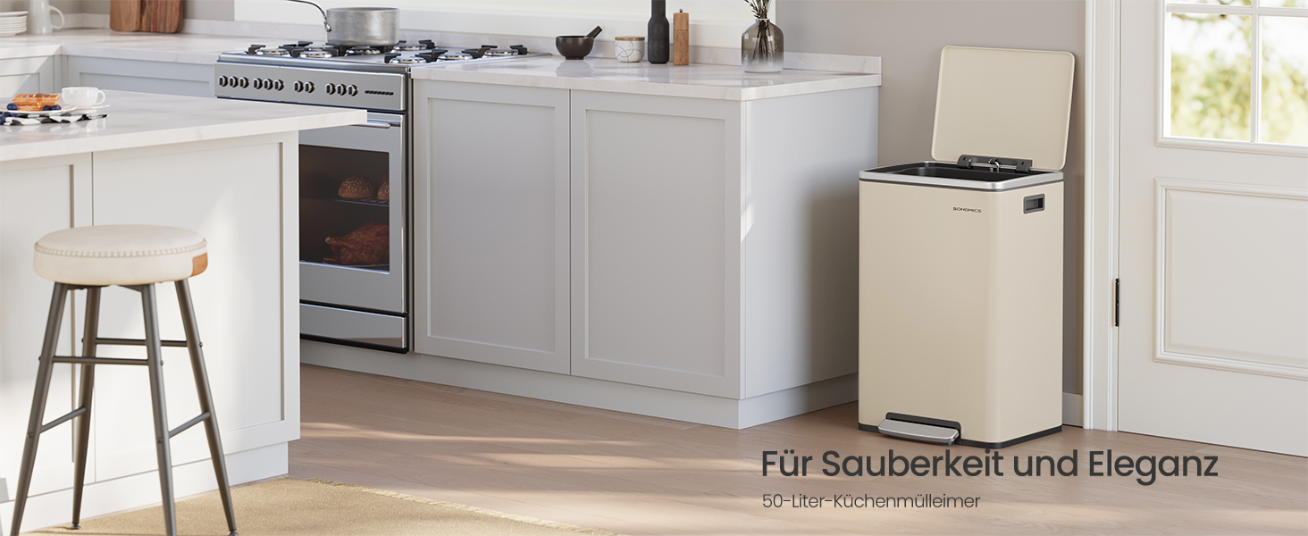 Відро для сміття SONGMICS 50 л, нержавіюча сталь, знімний внутрішній відро, Soft-Close, з кришкою та ручками, кремовий (LTB595E01)