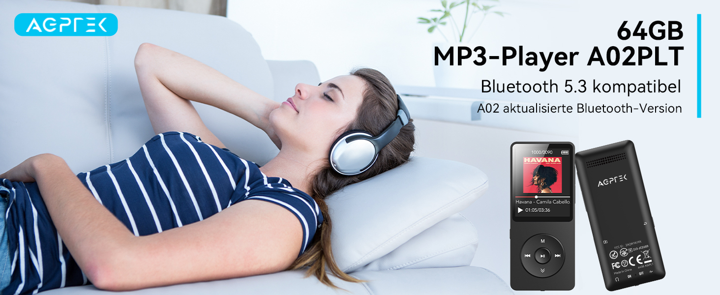 MP3 плеєр AGPTEK 64GB Bluetooth 5.3, 1.8