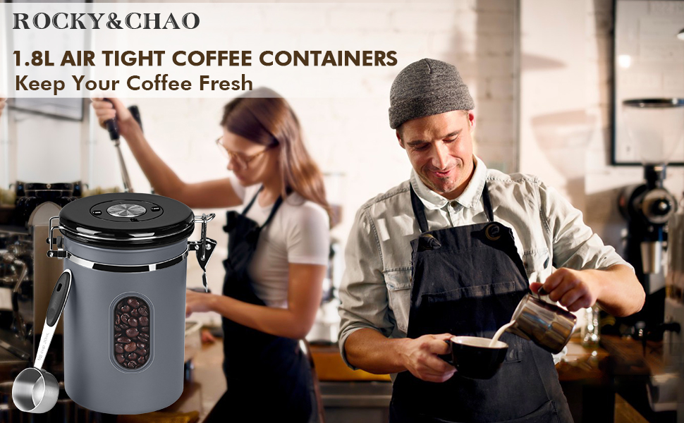 Контейнер для кави Rocky & Chao з нержавіючої сталі 1.8L, герметичний, з вікном, для кавових зерен, чаю, горіхів, какао