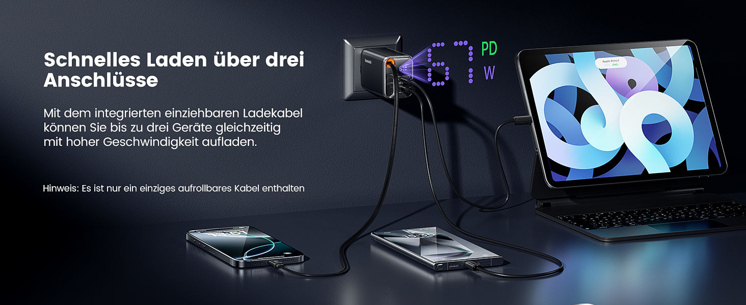 Зарядний пристрій USB-C toocki GaN 67W з LED дисплеєм та вбудованим кабелем для MacBook, iPhone 17 Pro Max, Samsung Galaxy S24 Ultra/S23, Nintendo Switch, ноутбуків та смартфонів - Чорний